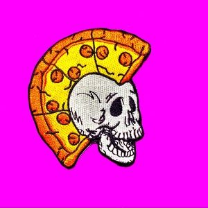 Pizza Mohawk biker Skull Rad Iron On Patch